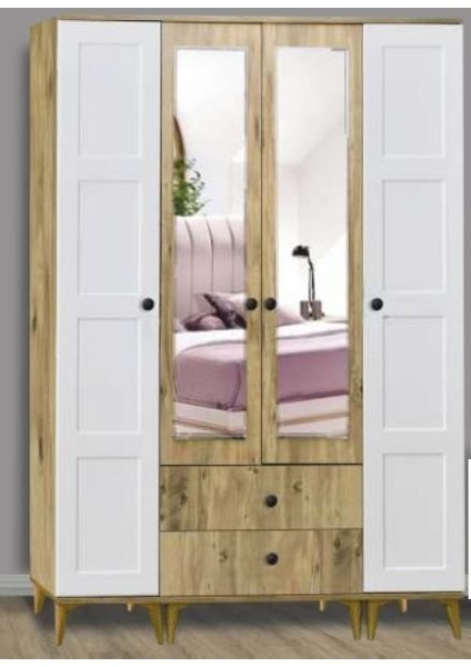 4 Kapılı Aynalı Uras Kare Çam Dolap