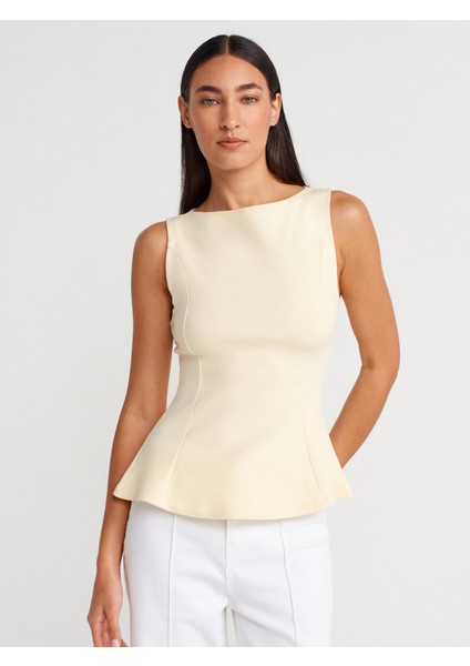 21001 Kayık Yaka Peplum Top-Açık Sarı