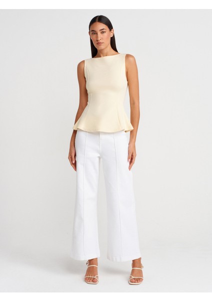 21001 Kayık Yaka Peplum Top-Açık Sarı fırsatları