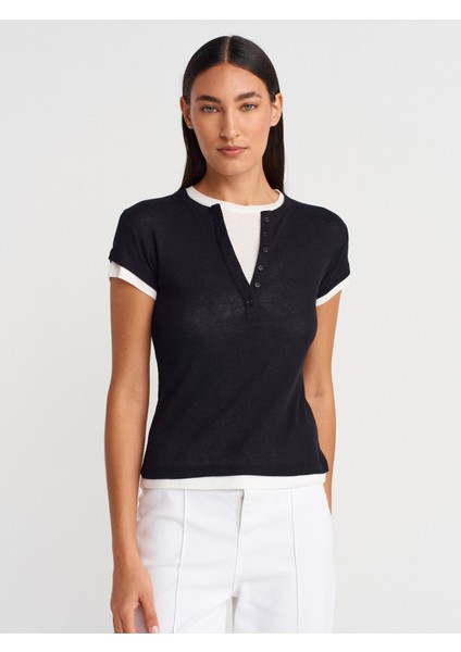 31783 Çift Katlı Düğmeli T-Shirt-Siyah