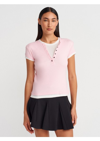 31783 Çift Katlı Düğmeli T-Shirt-Toz Pembe