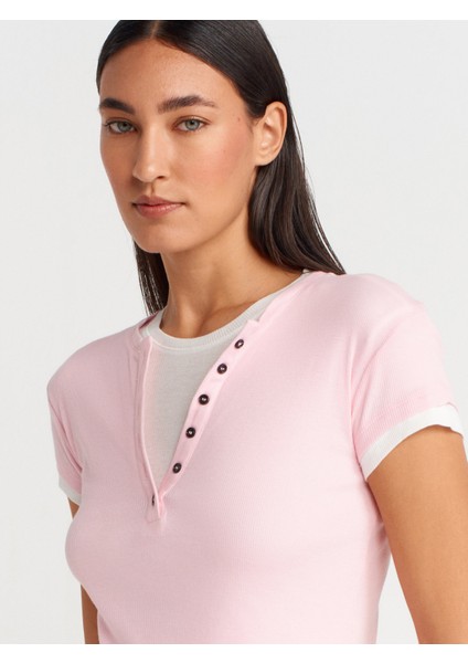 31783 Çift Katlı Düğmeli T-Shirt-Toz Pembe modelleri