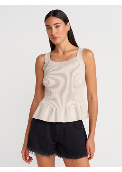 10775 Kare Yaka Askılı Fırfırlı Triko Bluz-Taş