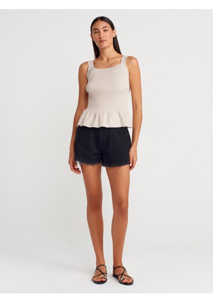 10775 Kare Yaka Askılı Fırfırlı Triko Bluz-Taş fırsatları