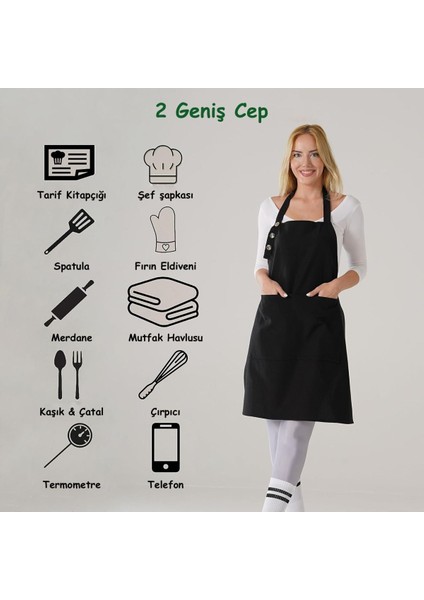 Su geçirmez, şık ve kullanışlı mutfak önlüğü, geniş cepli, 70x80 cm, siyah fiyatları