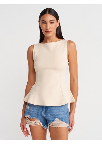 21001 Kayık Yaka Peplum Top-Taş