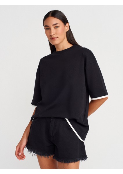 31894 Çift Görünümlü Oversize T-Shirt-Siyah