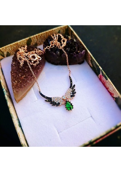 925 Ayar Orjinal Gümüş Zümrüt Taşlı Melek Kanadı Rose Gold Kolye