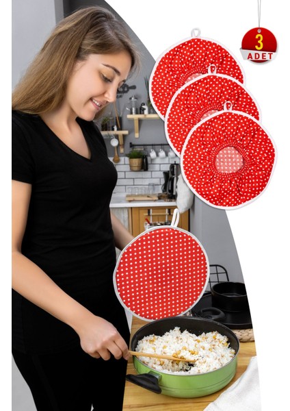 3'lü Pratik Demleme Seti, Kırmızı Puantiye, Pamuk, 30x30, Setli