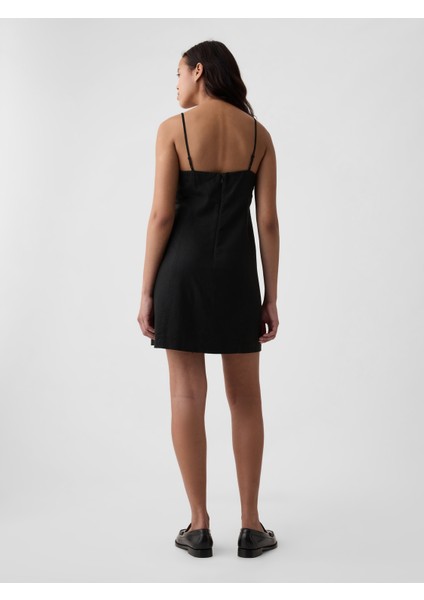 Kadın Siyah Keten Karışımlı Midi Elbise