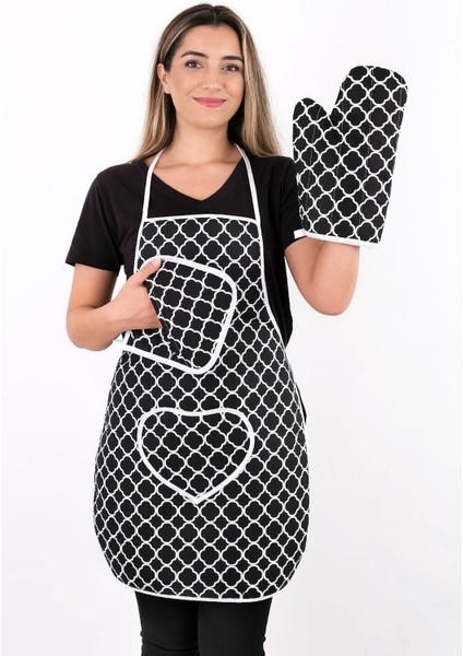 Su Geçirmez, 3'lü Mutfak Seti, Isıya Dayanıklı, Eldiven ve Tutacak Takımı, Siyah