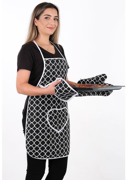 Su Geçirmez, 3'lü Mutfak Seti, Isıya Dayanıklı, Eldiven ve Tutacak Takımı, Siyah fırsatları