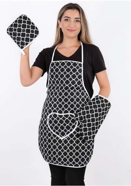 Su Geçirmez, 3'lü Mutfak Seti, Isıya Dayanıklı, Eldiven ve Tutacak Takımı, Siyah