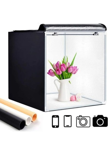 60X60X60 Ürün Fotoğraf Çekim Kabini Seti - LED Işıklı, Fonlu, Taşınabilir Stüdyo Çadır