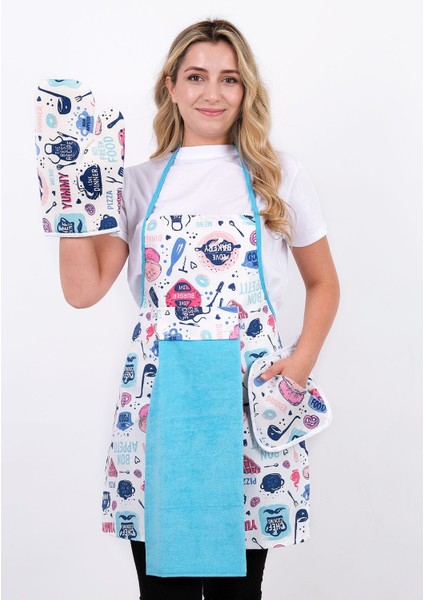 Turkuaz sıvı geçirmez mutfak seti, önlük, eldiven ve tutacak 55x75 cm