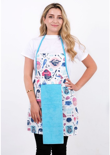 Turkuaz sıvı geçirmez mutfak seti, önlük, eldiven ve tutacak 55x75 cm fiyatları