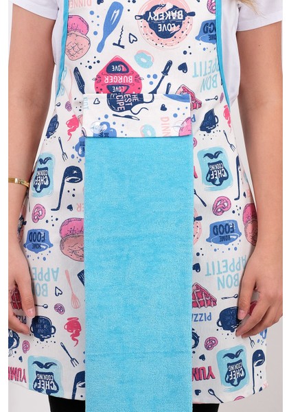 Turkuaz sıvı geçirmez mutfak seti, önlük, eldiven ve tutacak 55x75 cm modelleri