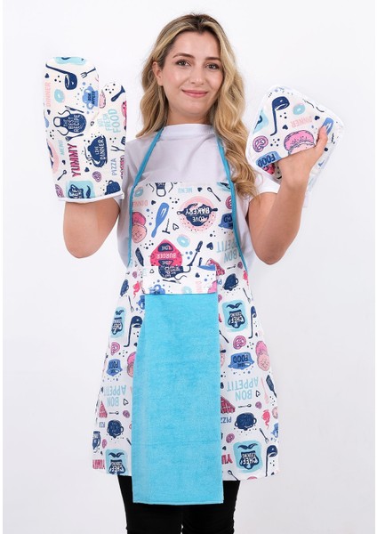 Turkuaz sıvı geçirmez mutfak seti, önlük, eldiven ve tutacak 55x75 cm indirimleri