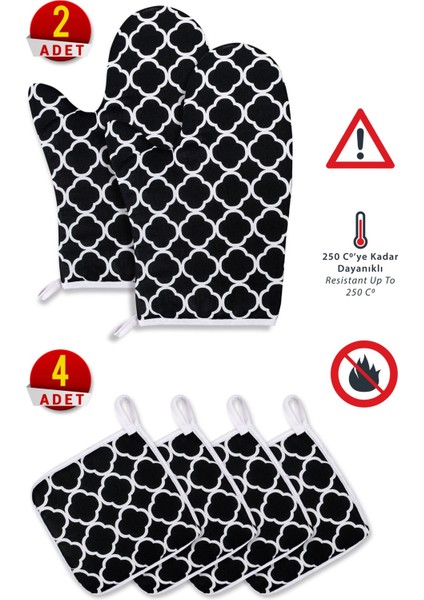 6 Parça Fırın Eldiveni ve Tencere Tutacak Seti, 220°C Dayanıklı, Şık ve Pratik, Siyah