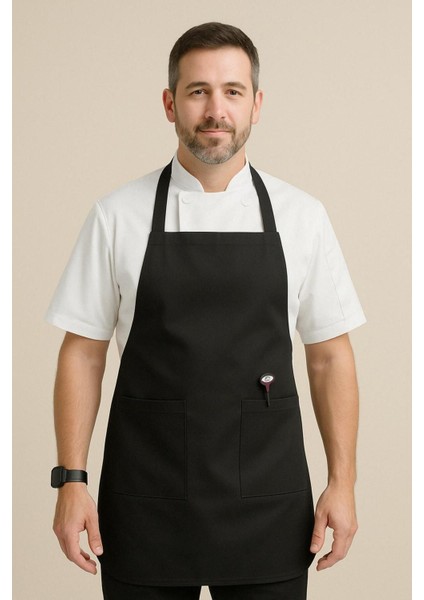 Siyah gabardin mutfak önlüğü, cepli, unisex, dayanıklı pamuk, geniş boyut