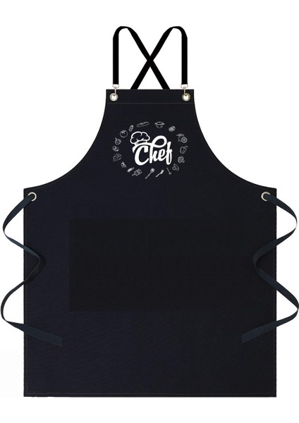 Şık Siyah Mutfak ve Aşçı Önlüğü, Yün, 70x80, Chef Baskılı, Garson Tarzı