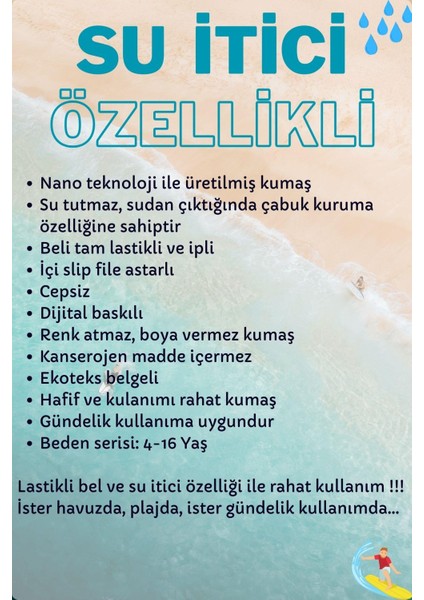 4-16 Yaş Su Itici Özellikli Dijital Baskılı Çocuk Deniz Şort Mayo // 1025