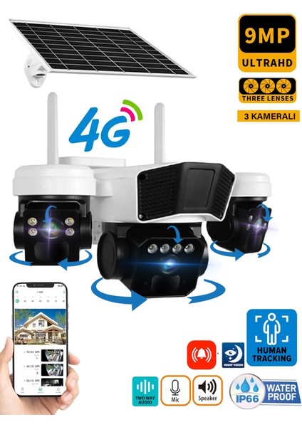 3936 9mp (3+3+3) Üç Kameralı Ultrahd 4g Solar Akıllı Güvenlik Kamerası