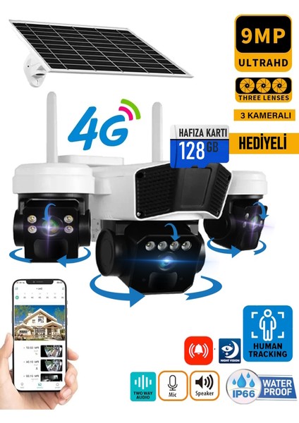 3936 128GB 9MP (3+3+3) Üç Kameralı UltraHD 4G Solar Akıllı Güvenlik Kamerası