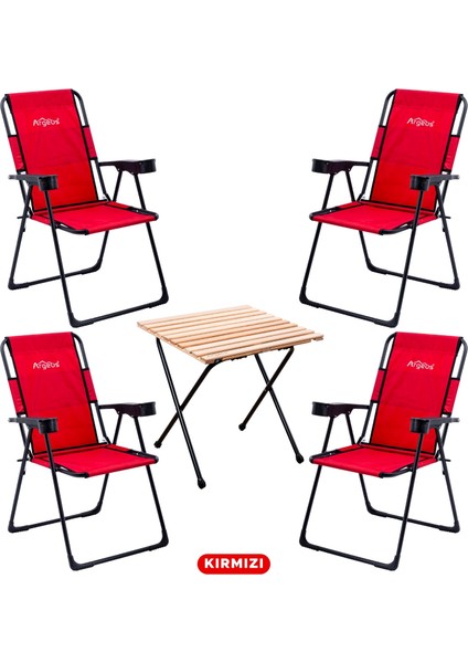 4 Adet Katlanır Kamp Sandalyesi ve Masa Seti - Rest - Kırmızı - 130 kg Taşıma