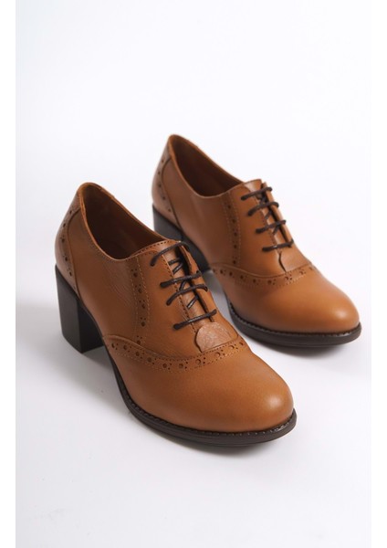 Kadın Hakiki Deri Bağcıklı Klasik Topuklu Ayakkabı - Taba modelleri