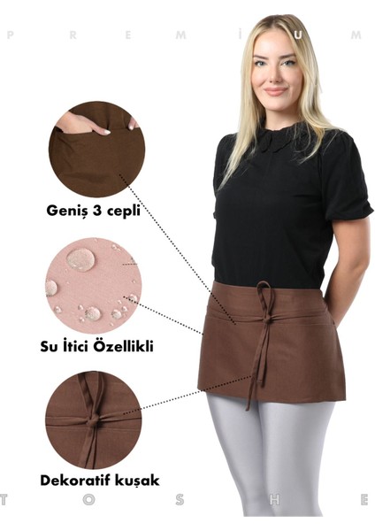 Suya dayanıklı, geniş cepli, kahverengi mutfak önlüğü, pamuk polyester, 60x30 cm
