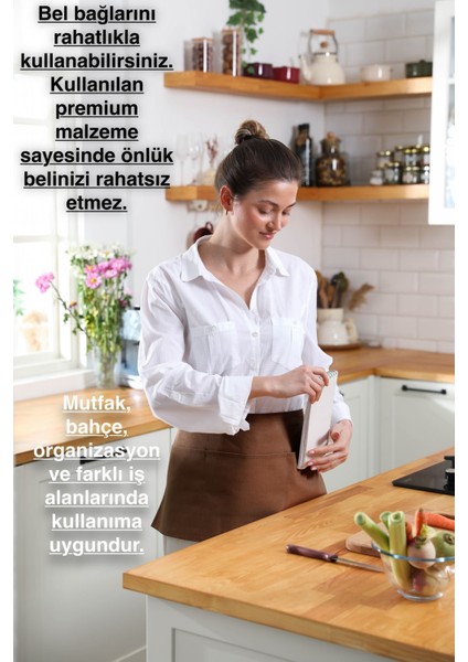 Suya dayanıklı, geniş cepli, kahverengi mutfak önlüğü, pamuk polyester, 60x30 cm