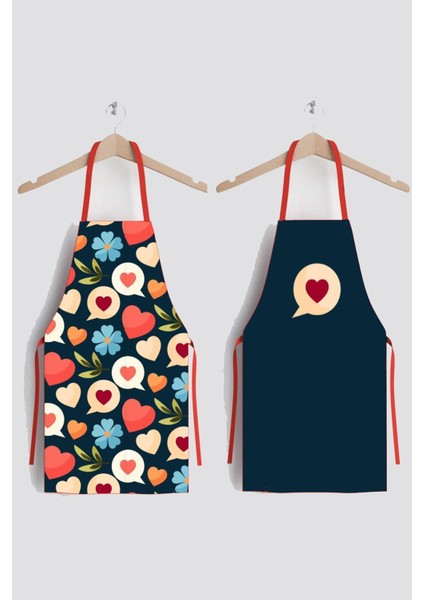 Lacivert Kalpli Çiçekli Mutfak Önlüğü Çift Seti, Polyester, 70x52