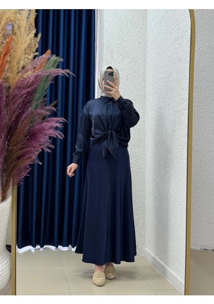 Gözde Saten ETEK-BN8461 Lacivert-Uzun Saten Etek-Tesettür Saten Etek-Abiye Saten Etek