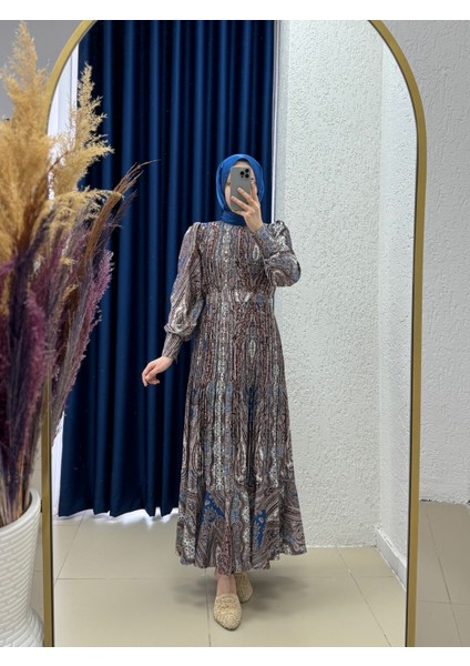 Alegra Desenli Piliseli Kemerli ELBISE-BY91086 Kahve