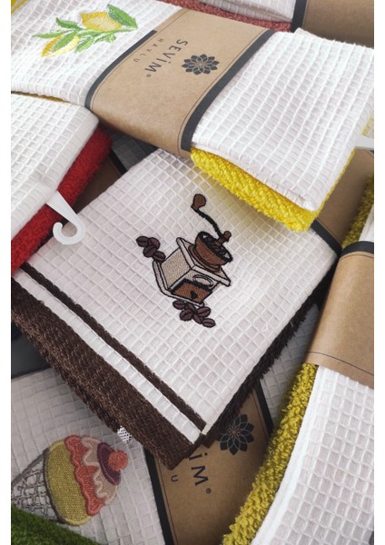 2’li Kahverengi Mutfak Havlusu, Nakışlı, Pamuk, 40x60, Şık ve kullanışlı set modelleri