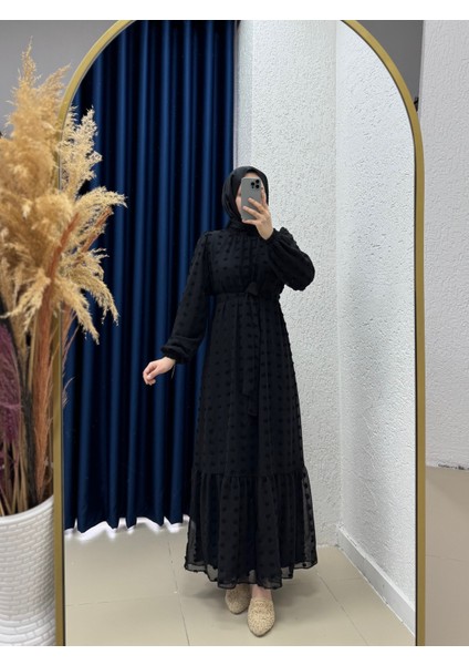Yelola Ponpon Desen Astarlı Şifon ABIYE-PA9511 Siyah