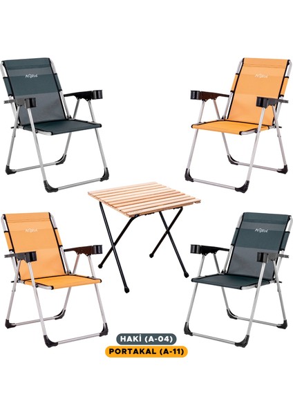4 Adet Katlanır Kamp Sandalyesi ve Masa Seti - Rock - Haki / Portakal - Bardaklıklı - 140 kg