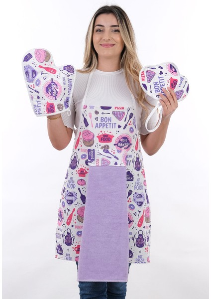 Mor Lila Mutfak Önlüğü, Havlulu, ELDİVEN ve TUTACAK ile, 55x75 cm, Pamuk Polyester
