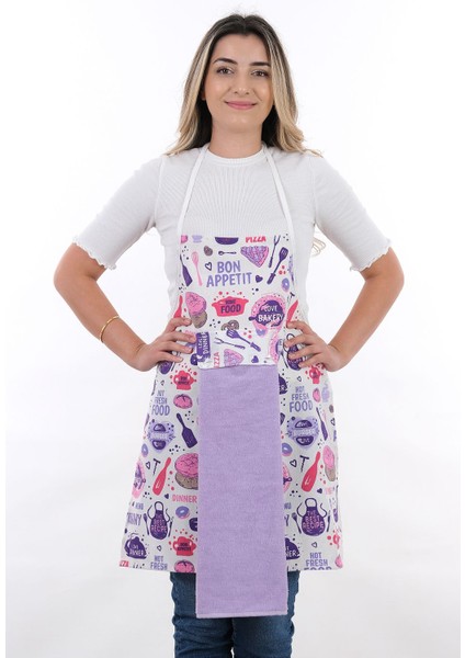 Mor Lila Mutfak Önlüğü, Havlulu, ELDİVEN ve TUTACAK ile, 55x75 cm, Pamuk Polyester