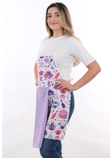 Mor Lila Mutfak Önlüğü, Havlulu, ELDİVEN ve TUTACAK ile, 55x75 cm, Pamuk Polyester