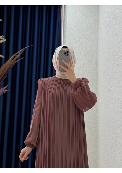 Seresia Balon Kol Piliseli Şifon ELBISE-PA9390 Kahve fiyatları