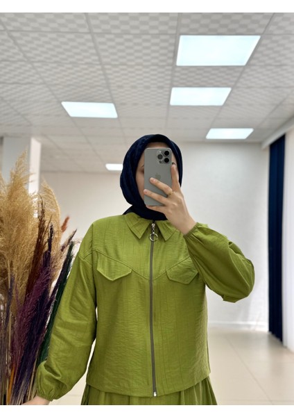 Sofya Çilek Fermuarlı Etekli Cepli TAKIM-NA3390 Yağ Yeşili fiyatları