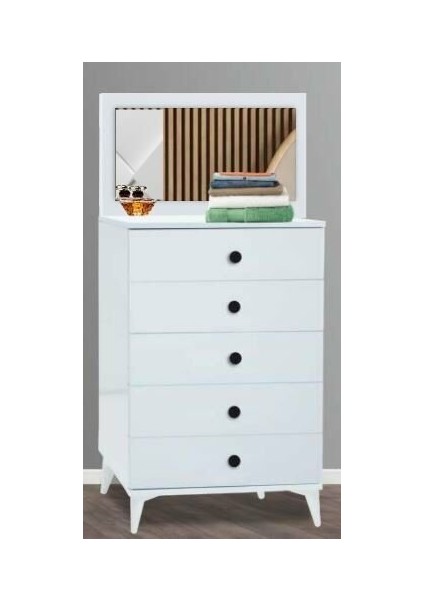 5 Çekmeceli Aynalı Beyaz Şifonyer