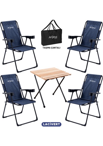 4 Adet Katlanır Kamp Sandalyesi ve Masa Seti - Rest - Taşıma Çantalı - Lacivert - 130 kg Taşıma