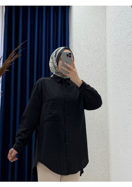 Berenice Tek Cepli Kendinden Çizgili Mevsimlik GÖMLEK-Çİ1100 Siyah-Tesettür Gömlek-Uzun Kollu Kadın Gömlek-Kadın Gömlek