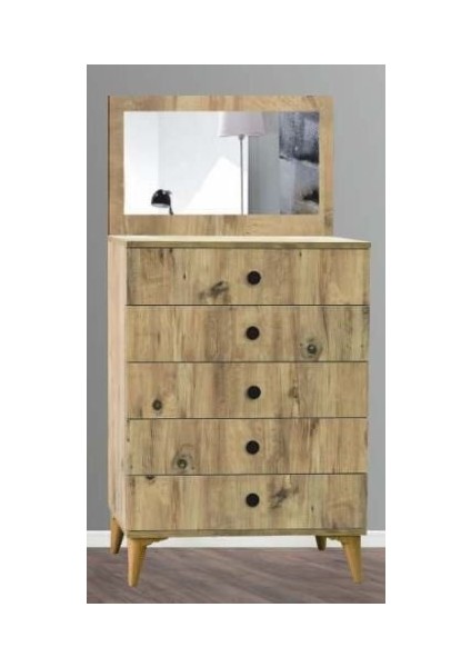 5 Çekmeceli Aynalı Çam Şifonyer