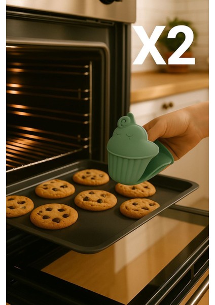 İki Adet Yeşil Isıya Dayanıklı Silikon Fırın Eldiveni Seti, 9x14 Boyut