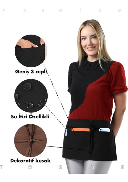 Suya dayanıklı mutfak önlüğü, geniş cepli, şık ve kullanışlı, 60x30, pamuk polyester siyah