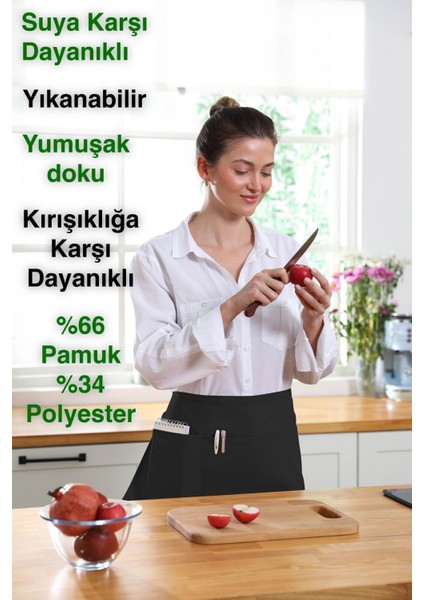 Suya dayanıklı mutfak önlüğü, geniş cepli, şık ve kullanışlı, 60x30, pamuk polyester siyah